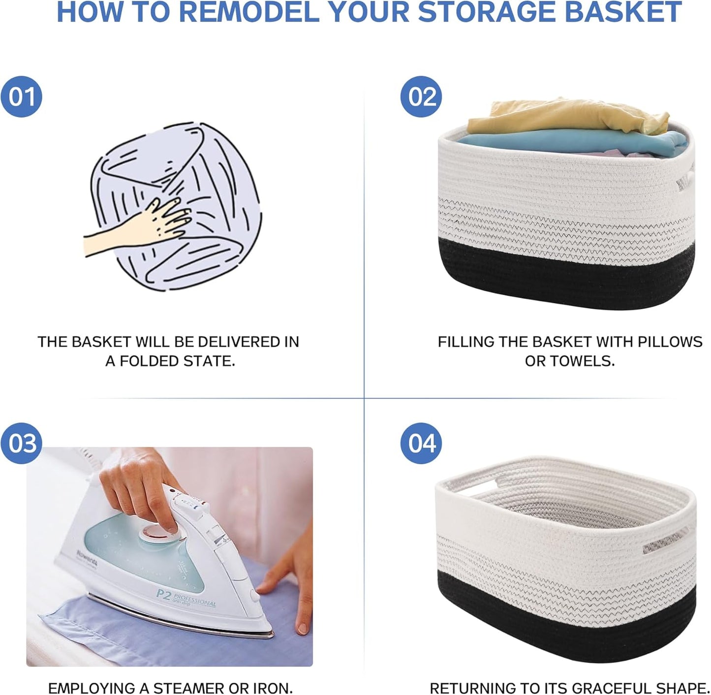 4 Pack Woven Storage Baskets for Organizing - Cotton Rope Baskets for Closet, Toys, Books, Towels, Durable Storage Bins for Shelves, Living Room, Bedroom, 14.76''Lx9.84''Wx8.86''H (Black, 13")