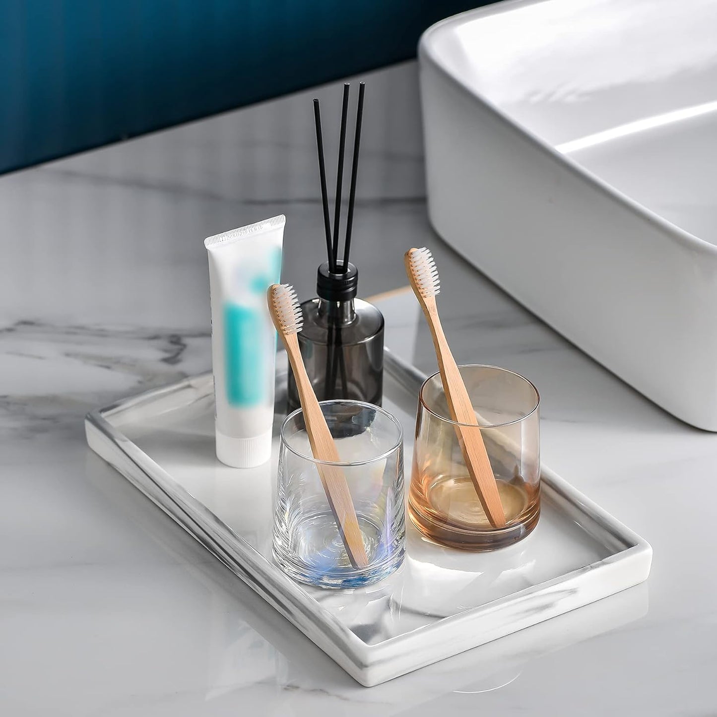 Vanity Bathroom Tray,Perfume Organizer Jewelry Plate Holder White Marble Tray Decorative Ceramic Rectangle Small Tray Serving Tray