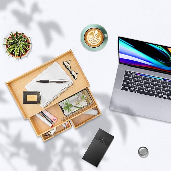 Wisuce Bamboo Desk Organizer, Mini Desktop Drawer Tabletop Storage Organization Box for Office Home Toiletries Supplies Vanity, No Assembly Required (3 Drawer with Shelf)