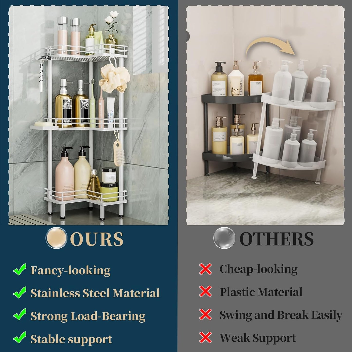 Consumest Corner Shower Caddy Standing - 3-Tier Stainless Steel Shower Organizer with Soap Holder and 4 Hooks, Large Capacity Corner Shelf Stand for Bathroom, Rest Room, White