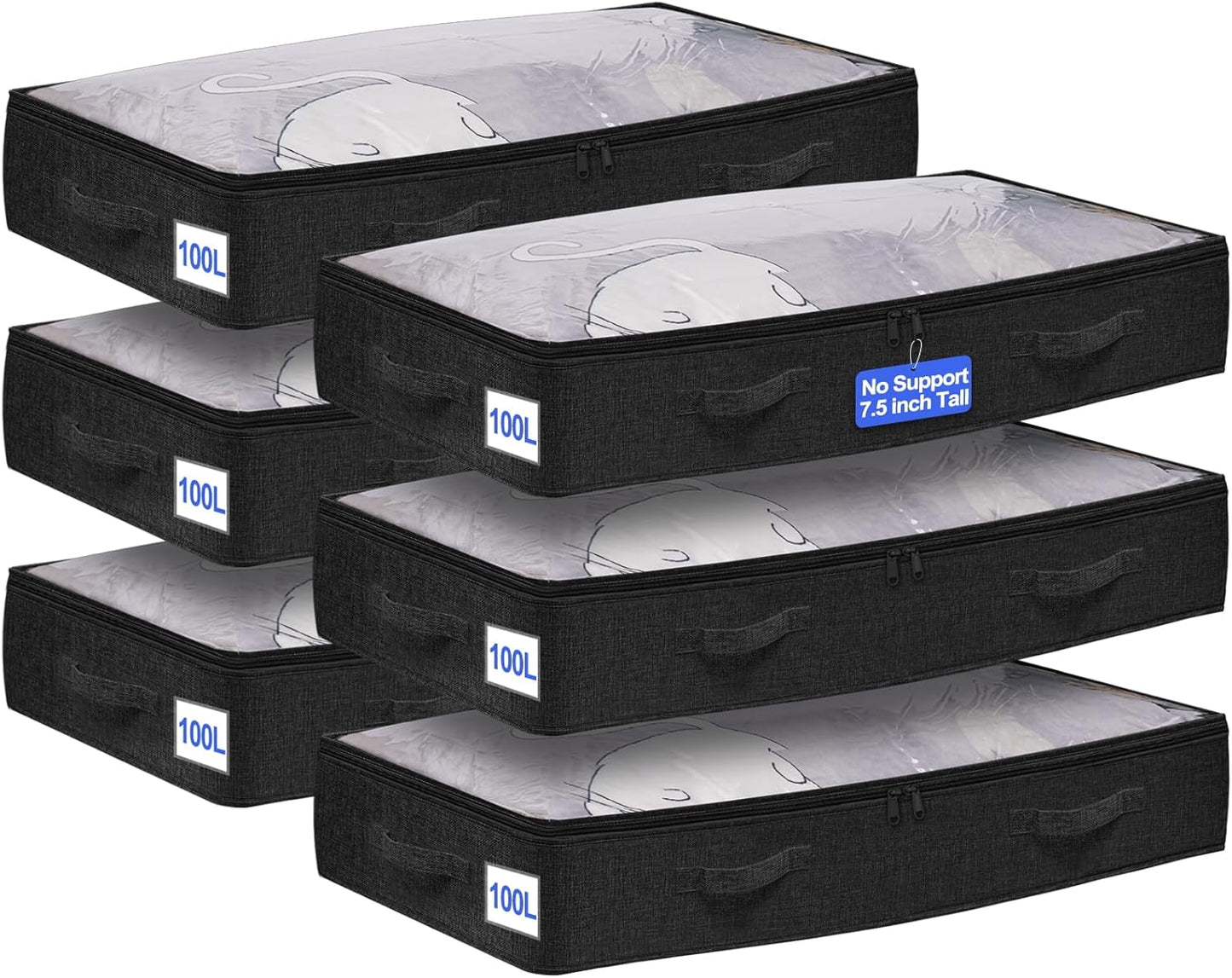 punemi 100L Jumbo Under Bed Storage Containers (No Support) - 6-Pack Foldable Bins, 7.5in Tall Underbed Clothing Storage for Blankets, Comforters, Sweaters & Linen Sheets - Soft-Sided, Black