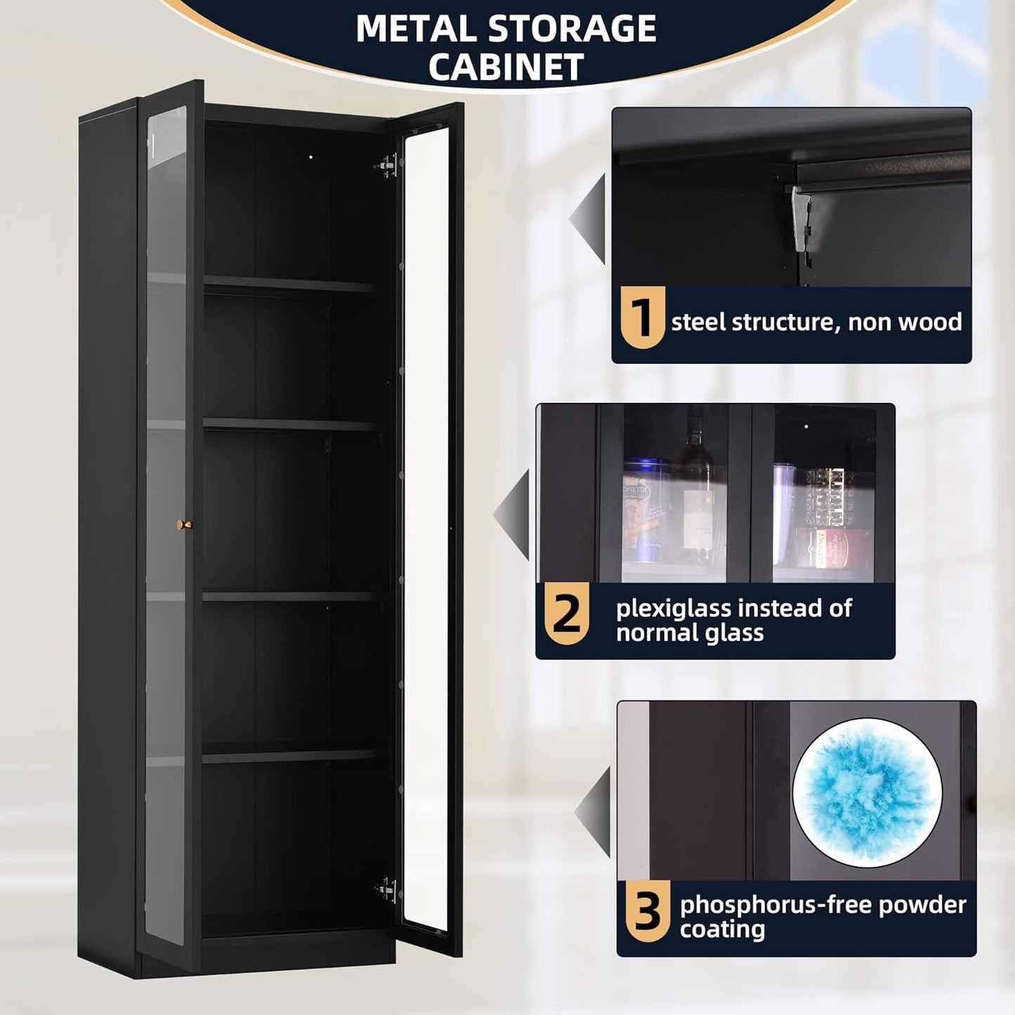 5 Tier Metal Curio Cabinets, Modern Bookshelf Cabinet with 4 Adjustable Shelves, Cabinet Display Case for Home Office, Living Room, Pantry (Black-27.5W)