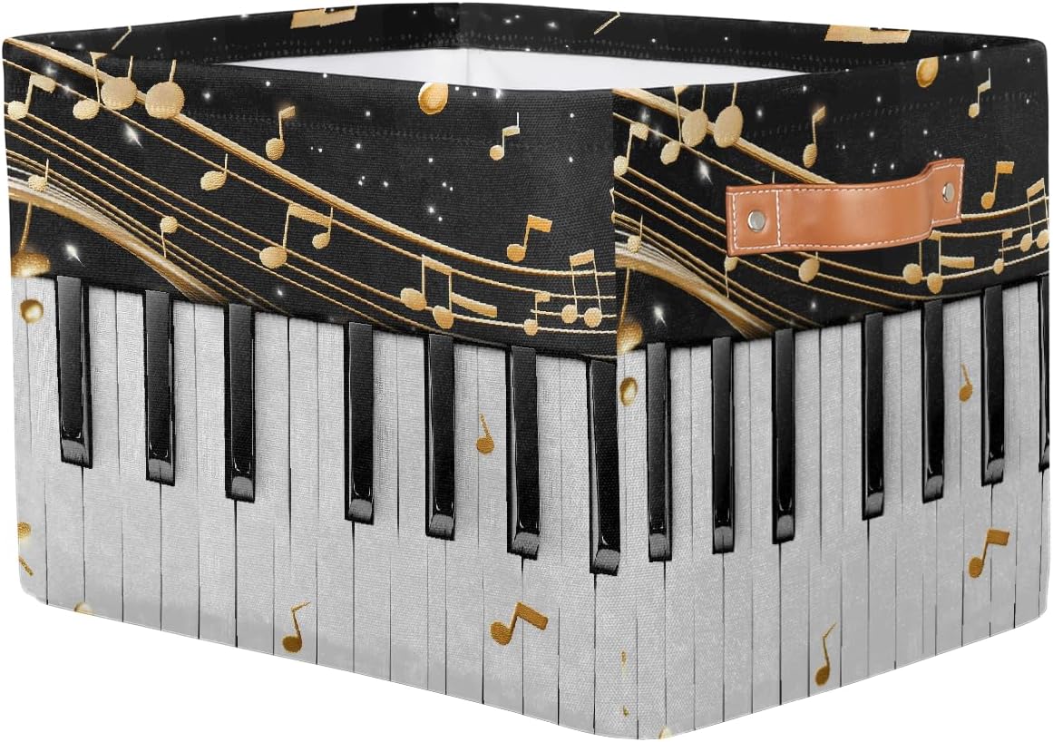 Music Notes Storage Basket for Shelves, Storage Bins with Handles, Collapsible Basket for Organizing, Closet Toy Baskets for Nursery Room, 15x11x9.5 in, Canvas, Musical Piano