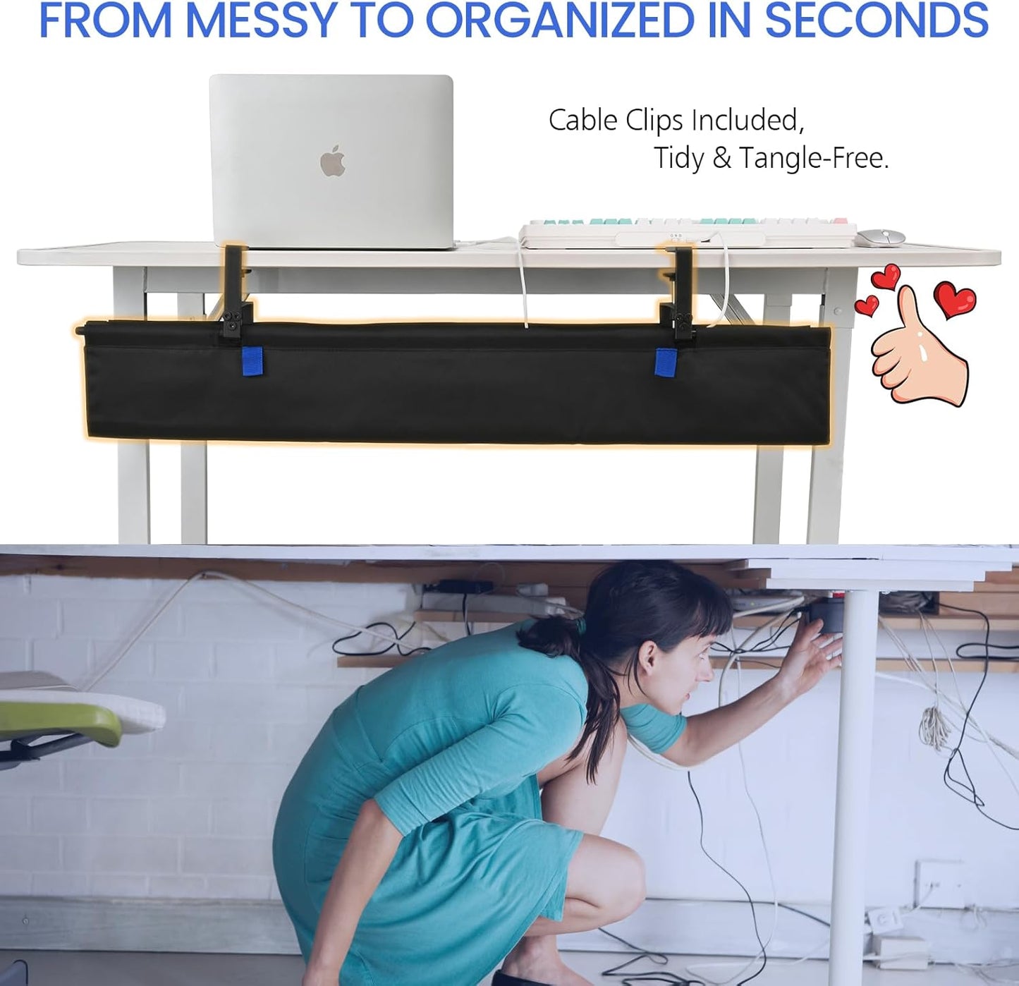 36" Under Desk Cable Management Tray- Clamp/Screw Mount Desk Cable Organizer Cable Tray Hiders for Office&Home