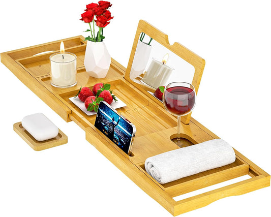 Premium Bathtub Tray Caddy with Makeup Mirror Bamboo - Bath Tray Expandable- Unique House Warming Gifts, New Home, Anniversary & Wedding Gifts for Couple, Bridal Shower Gift for Wome