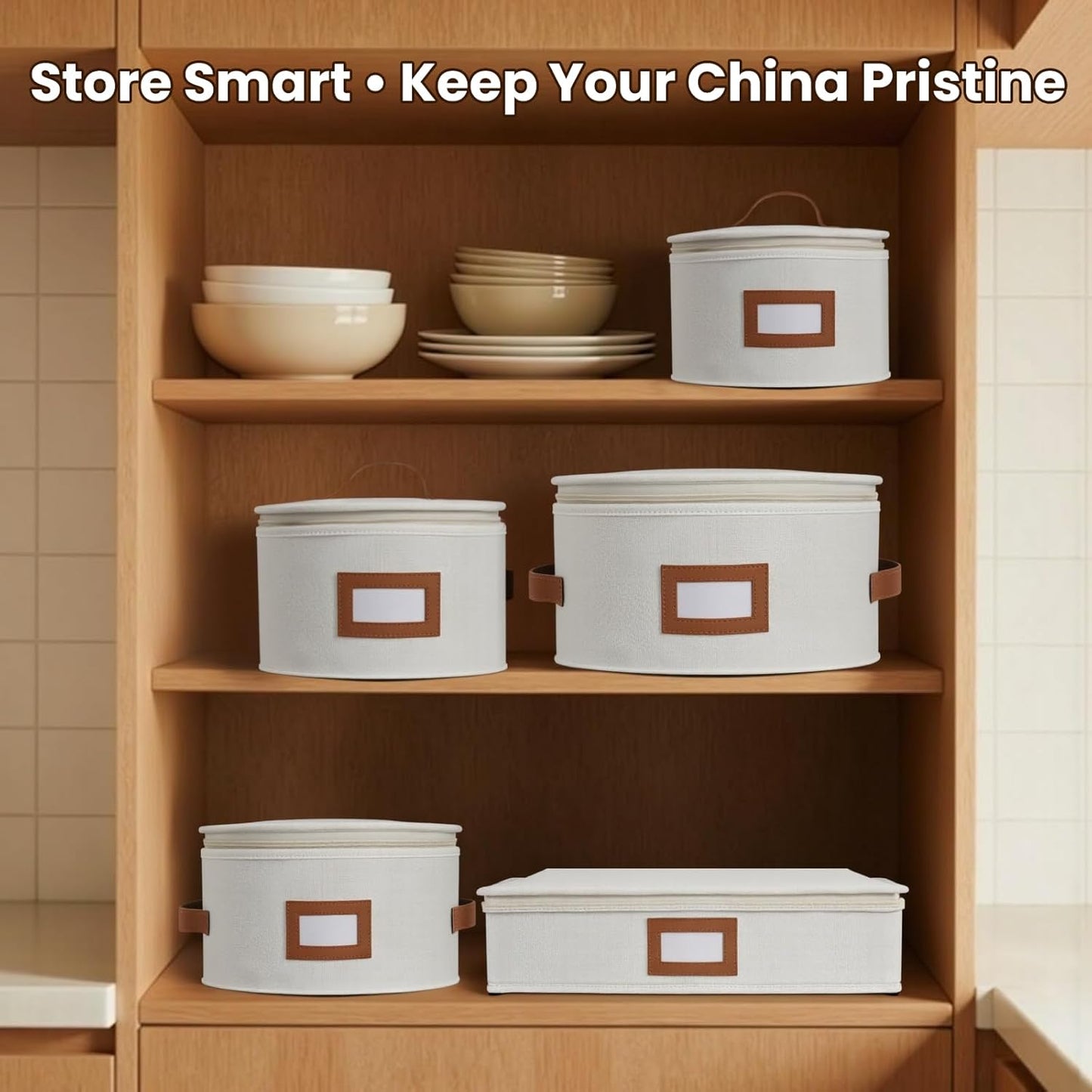 HOMELUX THEORY Hard Shell China Storage Containers, 8pc Ivory Mug & Plate Storage Box, Kitchen Storage Bins W/Lids, Heavy Duty Moving Box with Handles for Dishes, Glassware, Silverware, Cup & Mug