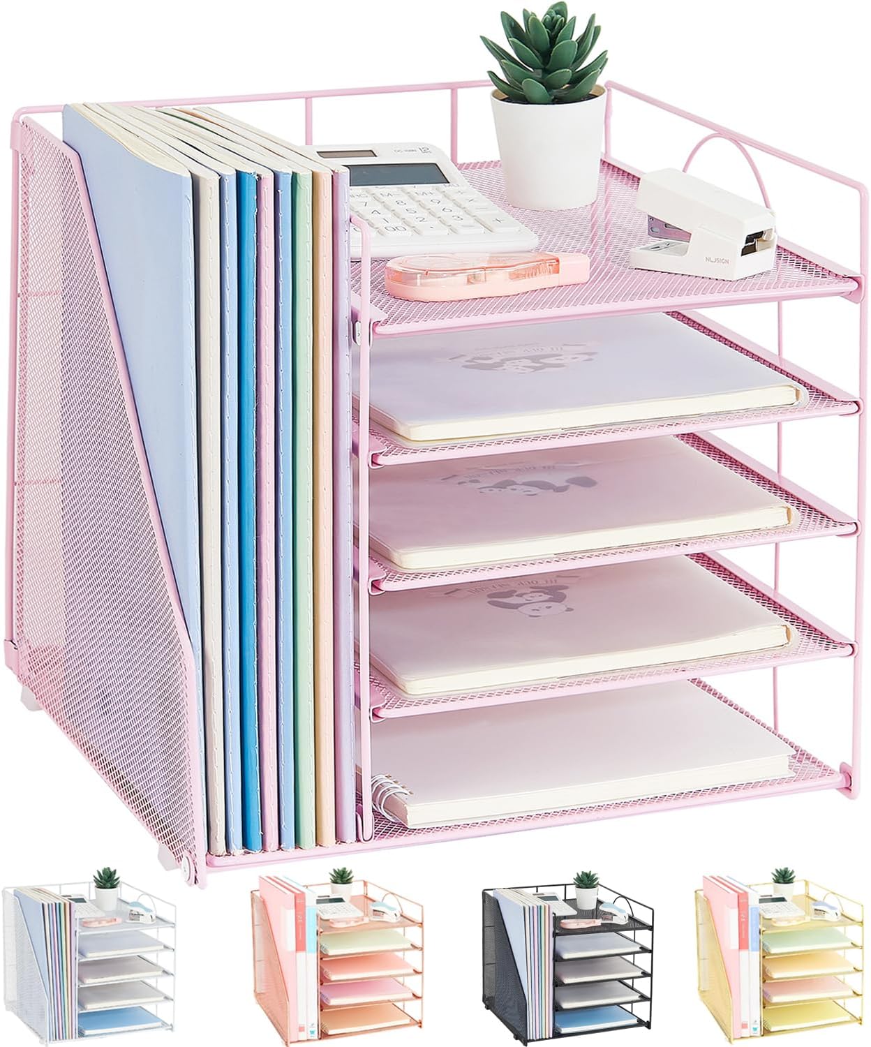 Desk Organizers and Accessories, 5-Tier Paper Letter Tray Organizer with File Holder, Desktop Organizer for Office Supplies (Pink)