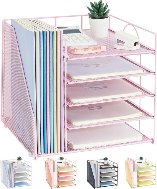 Desk Organizers and Accessories, 5-Tier Paper Letter Tray Organizer with File Holder, Desktop Organizer for Office Supplies (Pink)