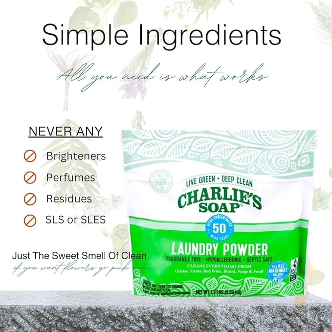 Charlie’s Soap Laundry Powder (50 Loads, 1 Pack) Hypoallergenic Deep Cleaning Washing Powder Detergent – Eco-Friendly, Safe, and Effective