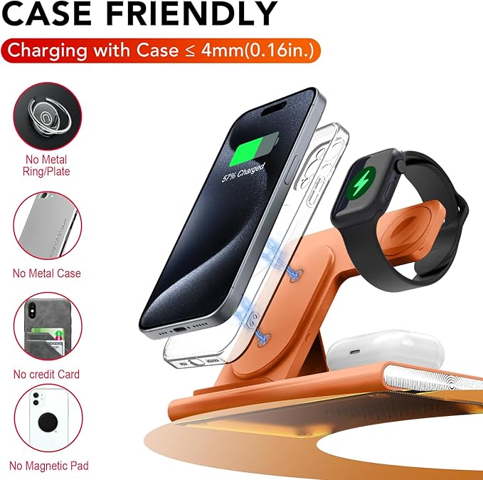 3 in 1 Charging Station for iPhone 17 - Wireless Charger for Apple Products for iPhone 17 16 15 14 13 12 11 Pro Max - Foldable Wireless Charging Station Dock Stand for iWatch Series & AirPods(Orange)