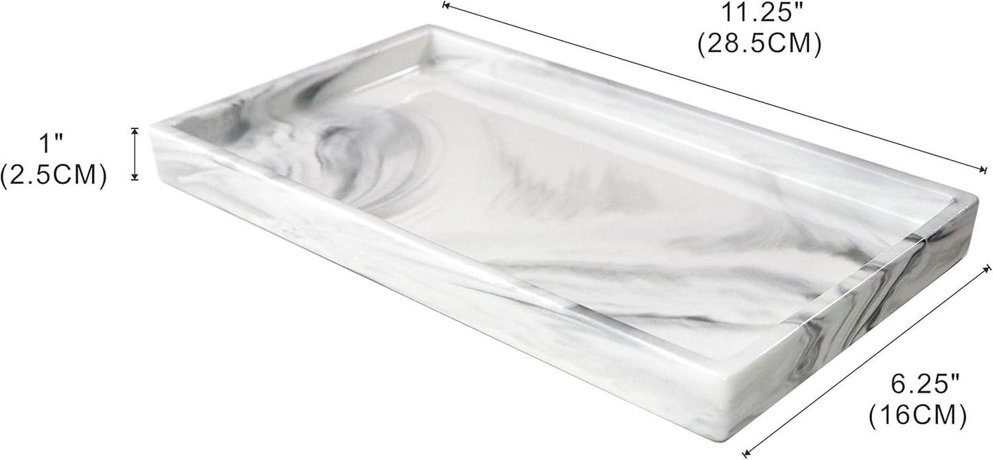 White Marble Bathroom Counter Tray - Ceramic Perfume Organizer and Jewelry Dish for Vanity Dresser