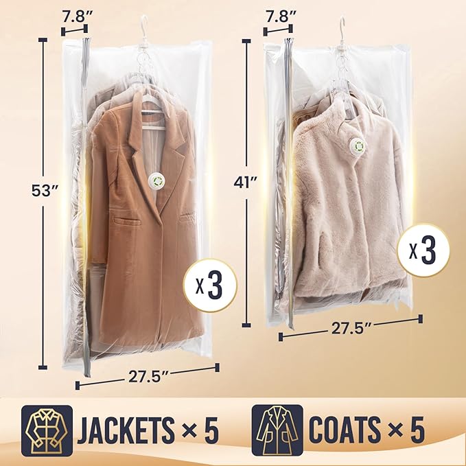 TAILI Hanging Vacuum Sealer Storage Space Saver Bags for Clothing, Suits and Jackets, Closet Organizers, Wider Sides (3 Long, 3 Short) Cream