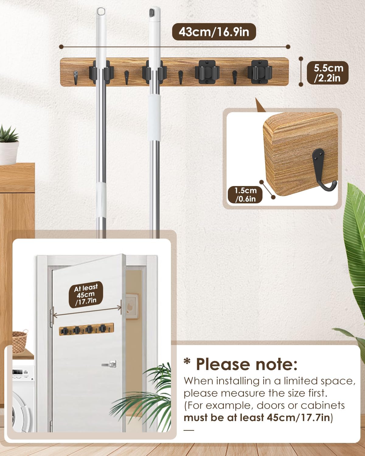 AceMining Broom Holder Wall Mounted, 2 Pack 4 Holders and 4 Hooks Mop Holder, Wooden Mop and Broom Holder with Anti slip rubber, Natural pine wood Brush Holder, Mop Wall Holde with Nail installation