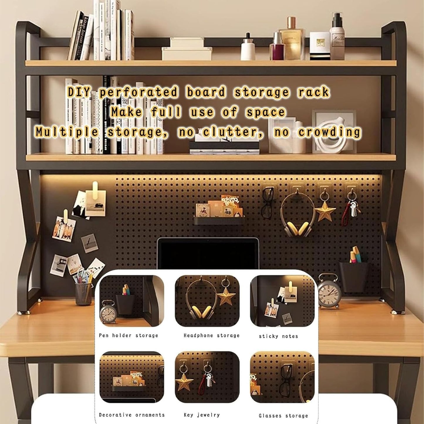 Modern Pegboard Storage Display Rack, Metal Desktop Organizer Rack,for Home Office Dorm Furniture Wood Hutch Bookcase