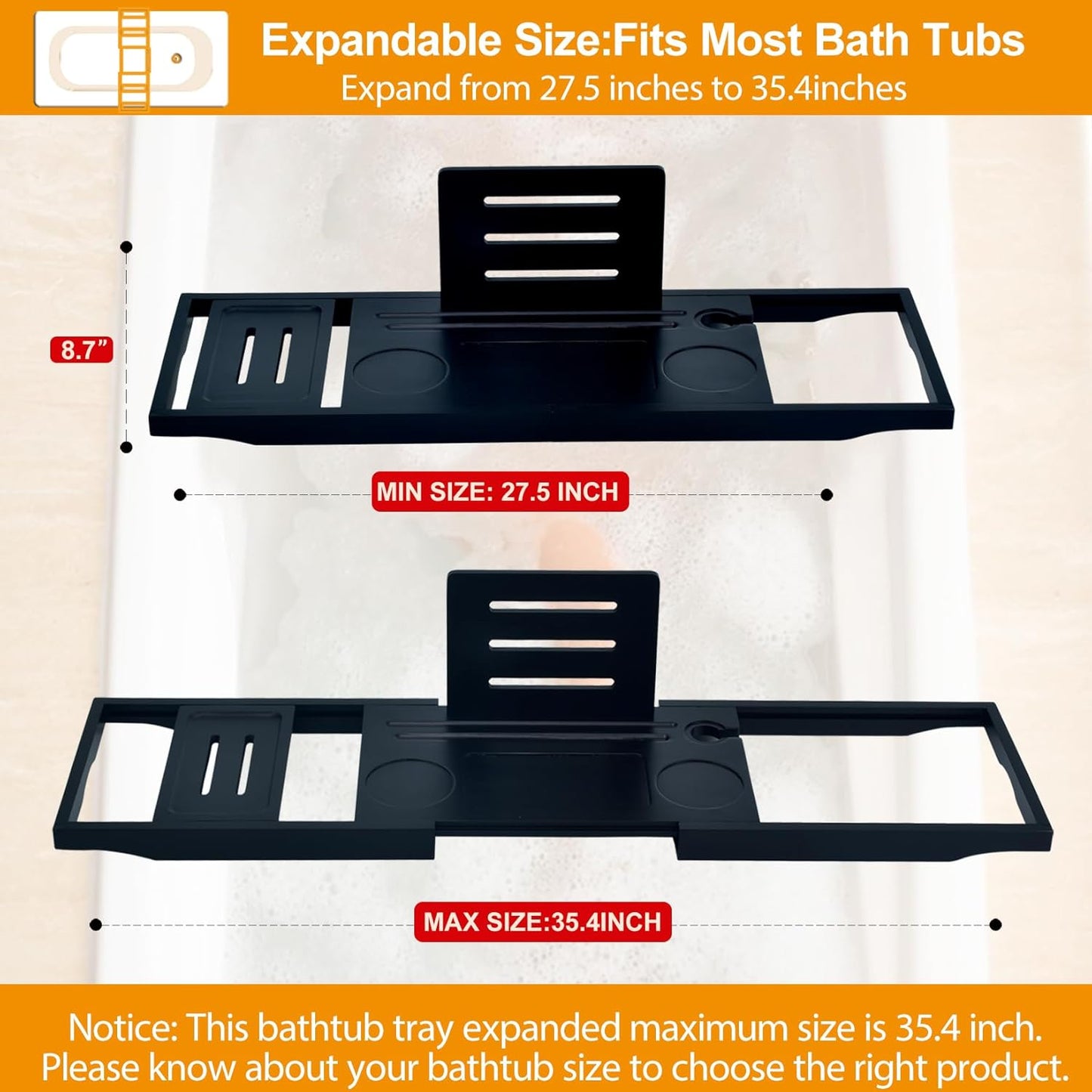 Premium Bathtub Caddy Tray Black - Bath Tray - Bath Tub Tray Table for Bathtub - Bath Caddy Tray for Bathtub, Expandable Size, Fits Most Bath Tubs