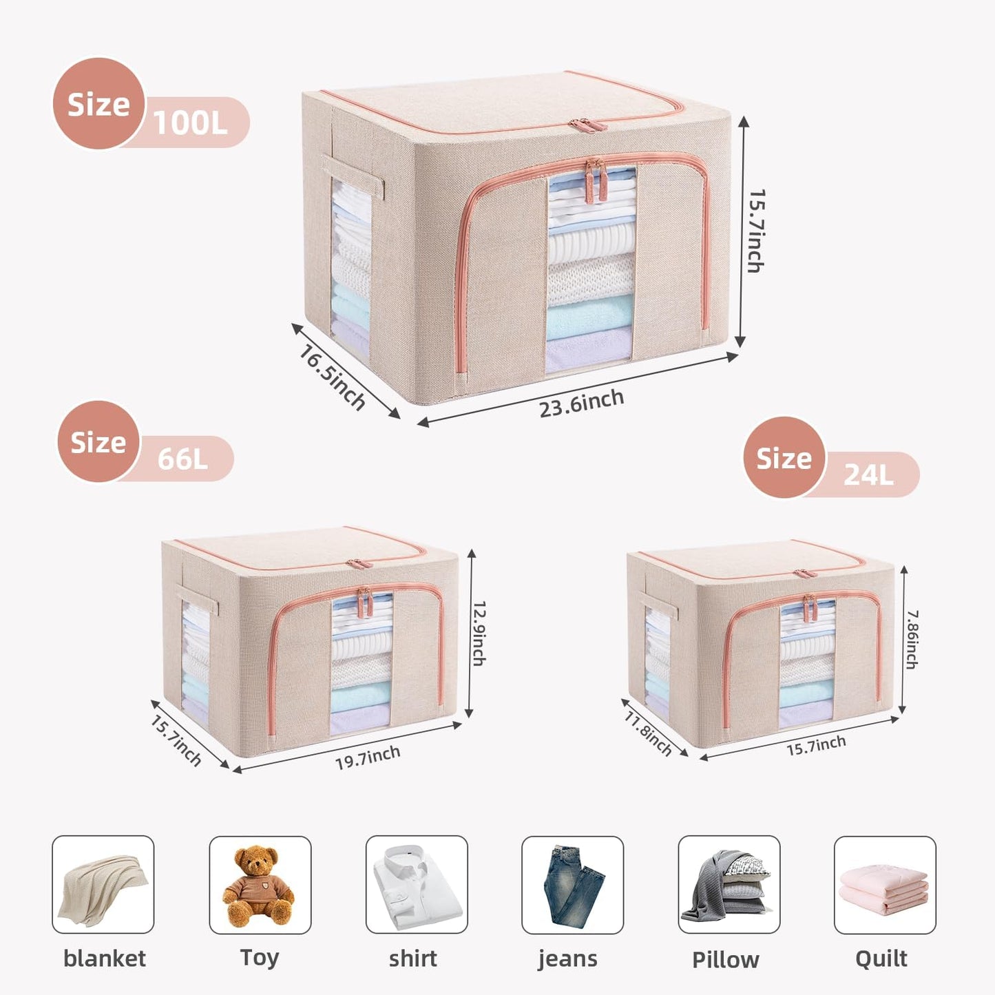 3 Pack 66L Stackable Clothes Storage Bins with Metal Frame Handles & Zipper, Collapsible Closet Organizer Box with Lid for Bedding Blankets Towel (Beige)