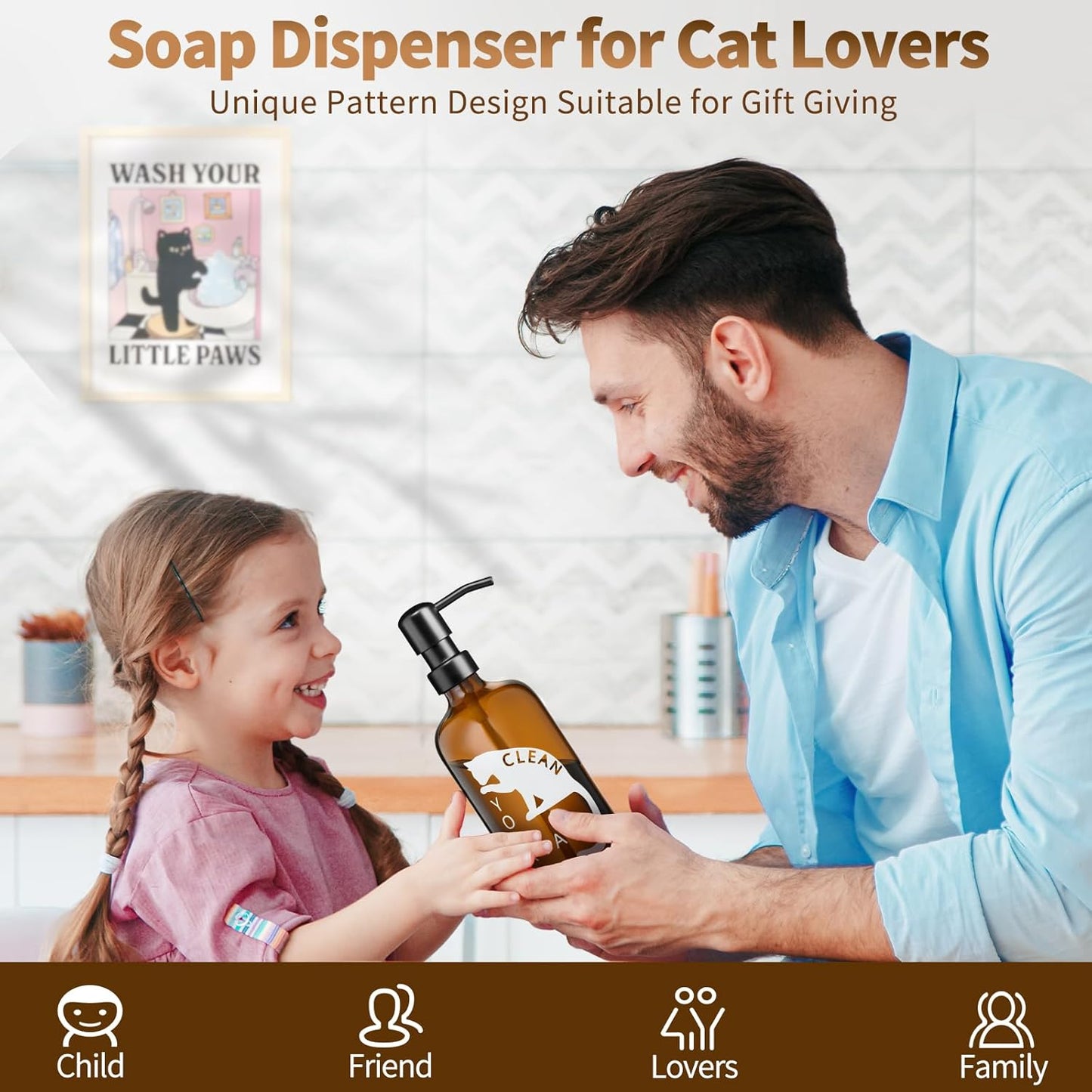 Glass Cat Soap Dispenser 17 oz with 304 Stainless Steel Pump for Kitchen and Kids Bathroom