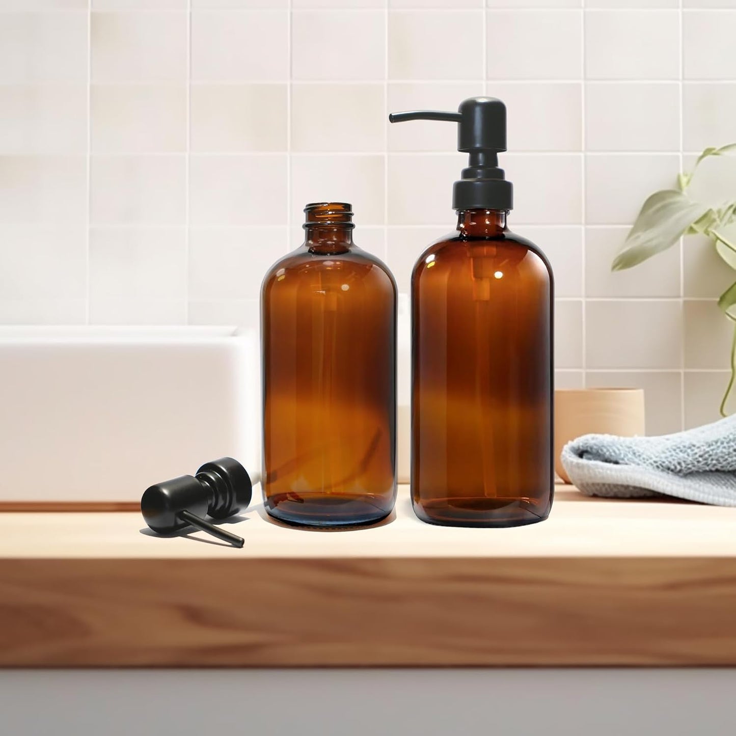 Amber Glass Soap Dispenser, 2 Pack Hand Soap Dispenser with Stainless Steel Pump for Bathroom and Kitchen, 16 oz, Premium Glass Pump Bottles