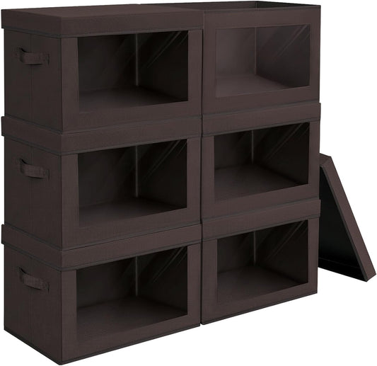 Stackable Storage Bins with Lids - Large Storage Box with Lids, Foldable Closet Boxes for Organizing, Wardrobe Clothes Organizer with Window, Cubes Bins for Living Room, 6 Pack, Brown