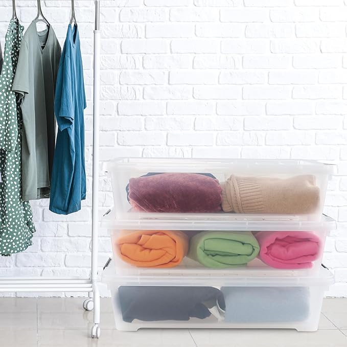 Gloreen 3-Packs Plastic Underbed Storage Bins with Lids, 40 Quart Latch Storage Box