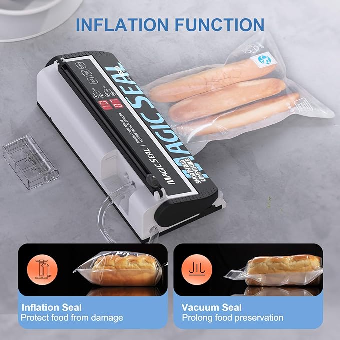 Magic Seal MS175 Vacuum Sealer Machine for Food Preservation, Nozzle Type, Compatible with Mylar Bags, Adjustable Vacuum & Seal Time, Automatic and Manual Mode