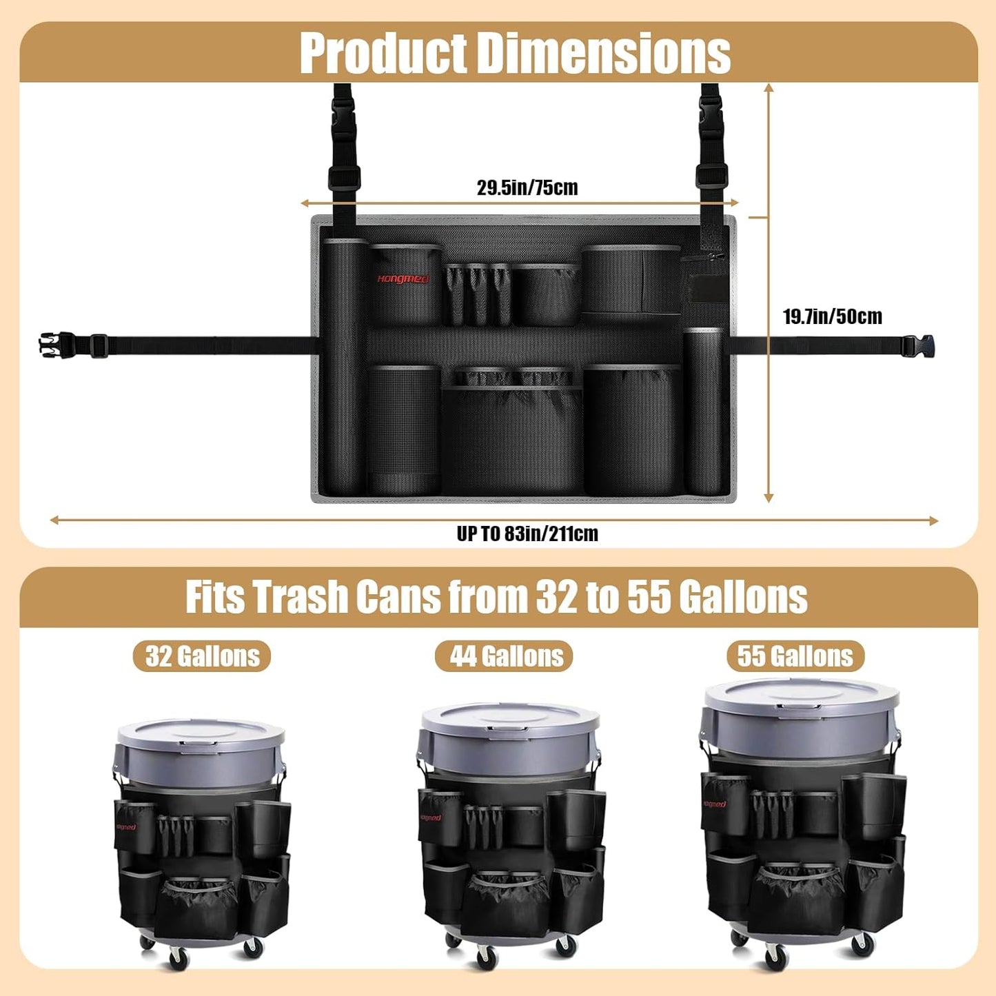 Trash Can Caddy Bag: 1680D Fabric Heavy-Duty Cleaning Caddy with Adjustable Buckle fits 32-55 gal Trash Can, Multi-Pockets Cleaning Tool Organizer for House Cleaners & Janitorial Duties