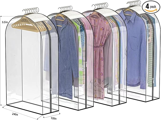 Upgraded Thickened Clear Garment Bags for Hanging Clothes 4 Packs, 10“ Gusseted Clothes Hanging Storage Bags for Closet, Shirts, Coats, Dresses (32 inch)