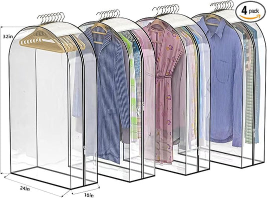 Upgraded Thickened Clear Garment Bags for Hanging Clothes 4 Packs, 10“ Gusseted Clothes Hanging Storage Bags for Closet, Shirts, Coats, Dresses (32 inch)