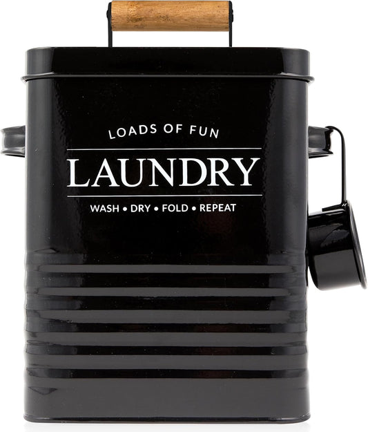 Calindiana Modern Farmhouse Metal Laundry Soap Dispenser Container Holder with Scoop for Laundry Room Decor and Space Saving Laundry Room Organization and Storage, Laundry Powder Container, Black