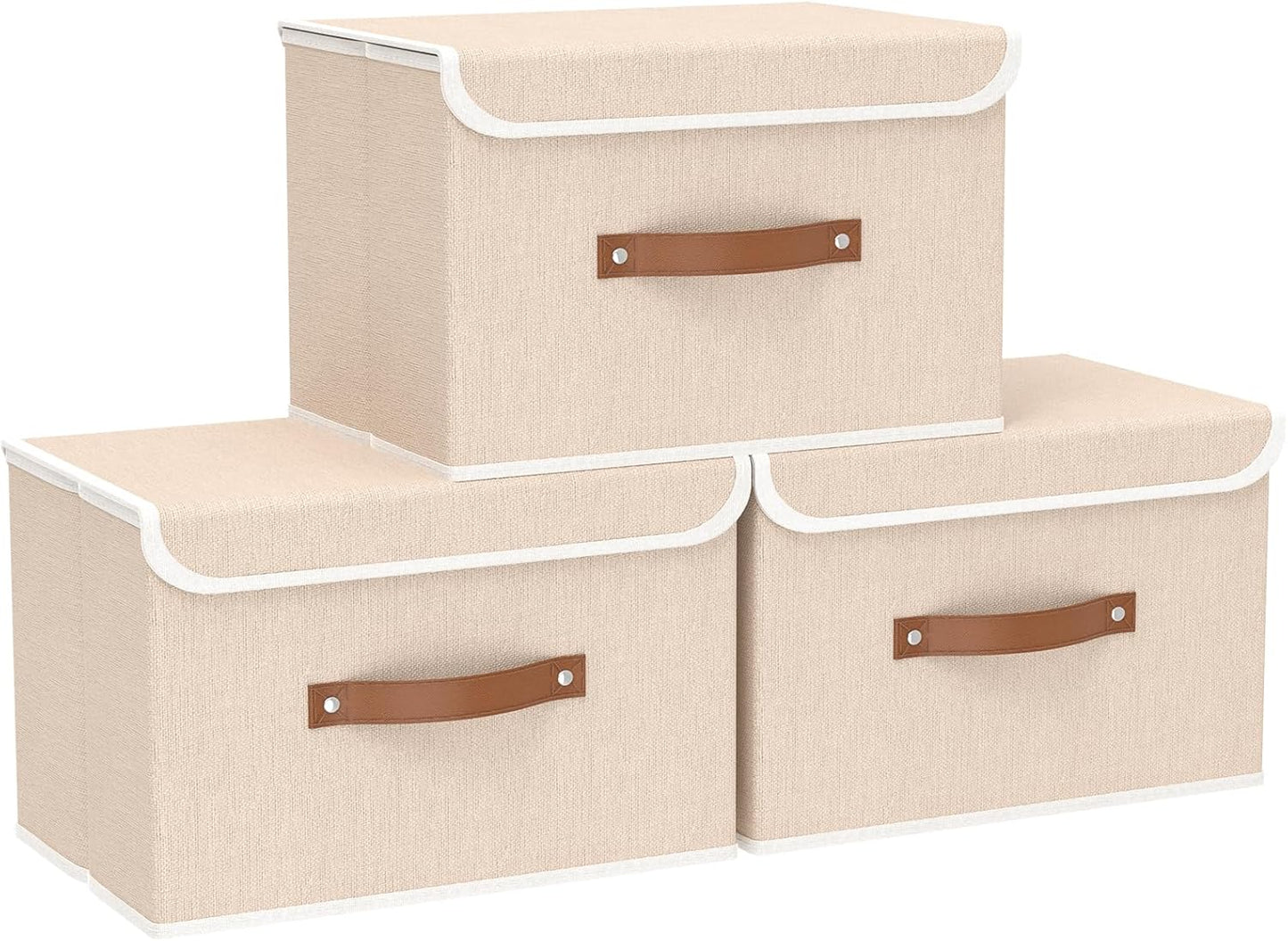 Yawinhe Collapsible Storage Boxes, Linen Fabric Baskets, Bin with lid and Leather Handle, Washable, for Home, Closet, Beige, 17.7''Lx11.8''Wx11.8''H, 3-Pack, USNK024BEX-3