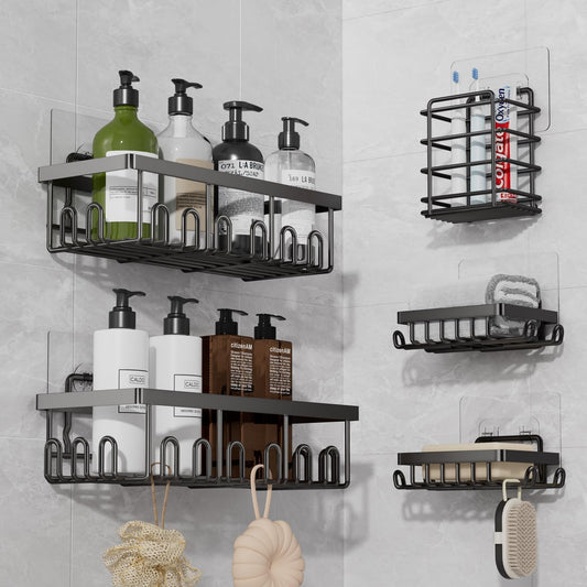 5-Pack Shower Caddy with Soap Holder and toothbrush holder, Stainless Steel Organizer for Bathroom Organizers and Storage, No Drilling Wall Mounted Rack Bathroom Caddy for Kitchen Home Black