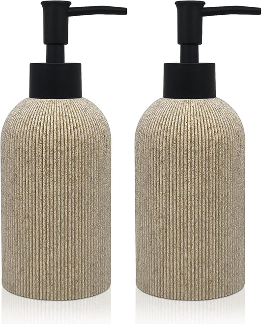Hand Soap Dispenser for Bathroom and Kitchen Countertop, 10 oz Resin Soap and Lotion Dispensers Set with Plastic Rust Proof Pump, Boho Refillable Liquid Dish Soap Dispensers Bottle,Beige