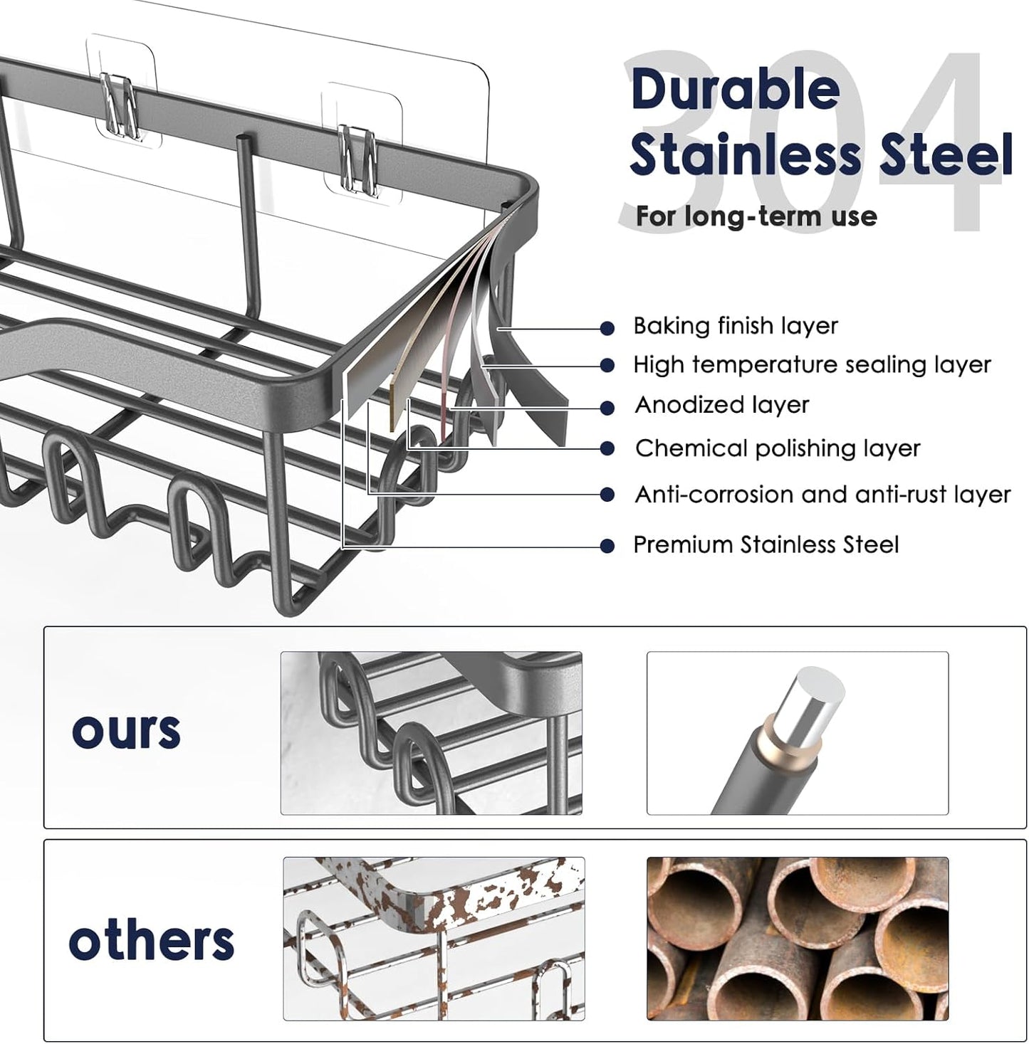 Shower Caddy Adhesive Shower Organizer 7-Pack, Rustproof Stainless Steel Bathroom Shelves, Large Capacity No-Drill Rack Storage Accessories with Soap Dish Toothbrush Holder Hooks (Gray)