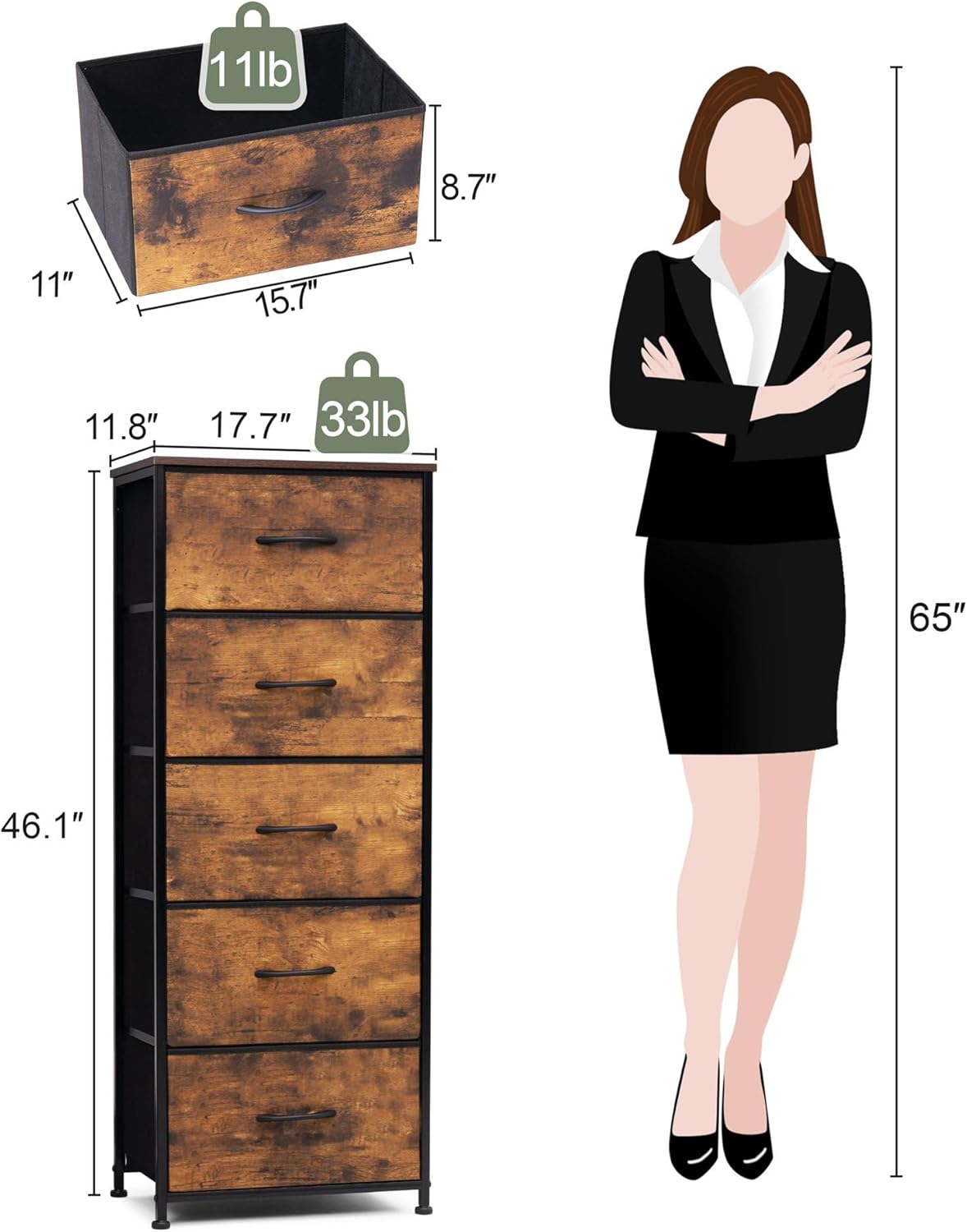 Crestlive Products Vertical Dresser Storage Tower - Sturdy Steel Frame, Wood Top, Easy Pull Fabric Bins - Organizer Unit for Bedroom, Hallway, Entryway, Closets - 5 Drawers(Rustic Brown)