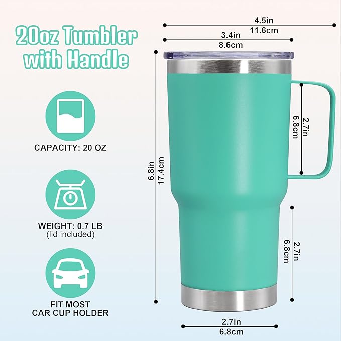 20 oz Tumbler with Handle and Lid, Stainless Steel Tumbler Insulated Travel Coffee Mug, Spill Proof Double Wall Vacuum Tumbler Cup Keep Drink Hot & Cold, Light Blue, 6 Pack