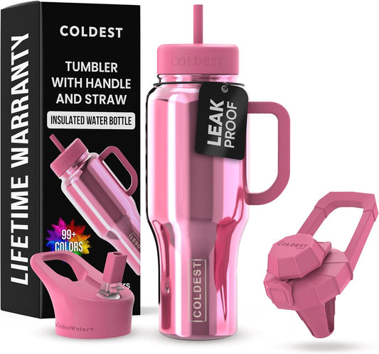 Coldest Tumbler with Handle and Straw - 100% Spill Proof Tumbler with Straw (3 Lids) - Stainless Steel Insulated Leakproof Tumblers for Women & Men - 36 oz (Pink Reflections)