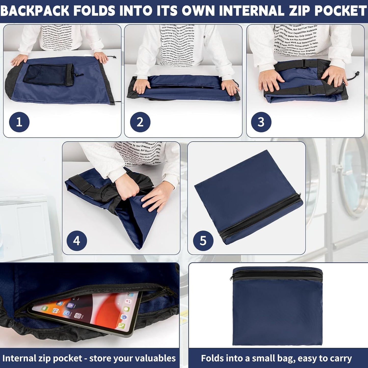 Laundry Bag Backpack with Shoulder Straps and Mesh Pocket Foldable Clothes Hamper Bag with Drawstring Closure for College, Apartment, Laundromat (Dark Blue)