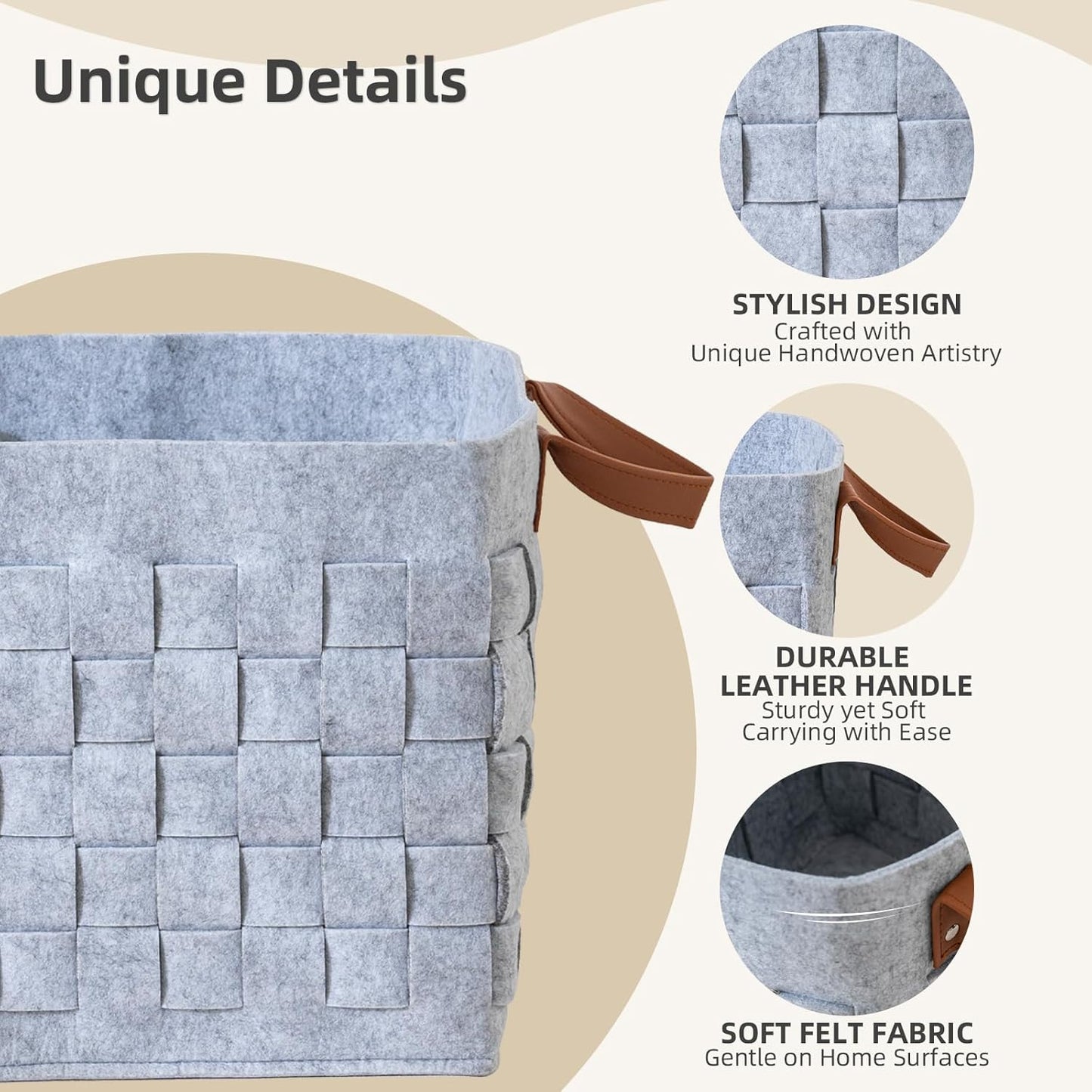 Storage Basket 3 Pack, 13" x13" x13 " Large Blanket Baskets with Leather Handle, Cube Felt Fabric Storage Box for Shelves, Bedroom, Nursery, Living Room - Light grey