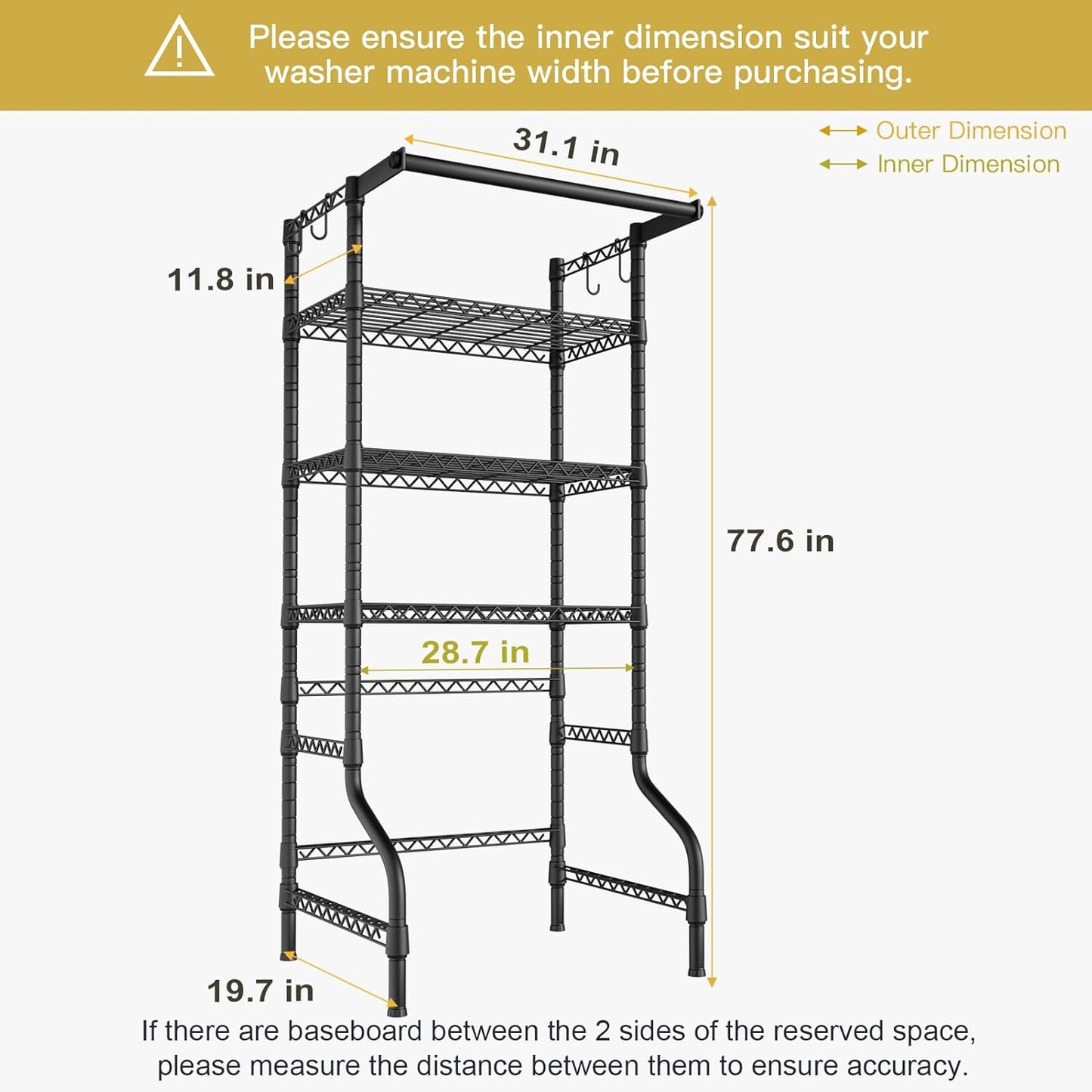 Ulif U11 Medium Over Washer and Dryer Shelves, 3 Tiers Laundry Room Storage and Organizer Standing Shelf, Metal Freestanding Clothes Drying Rack, 31.1”W x 19.7”D x 77.6”H, Black