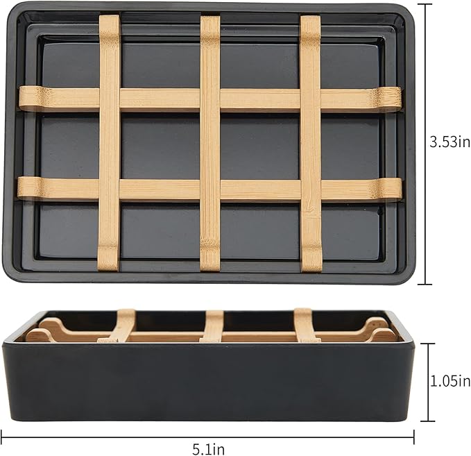 Bamboo Soap Dishes for Shower with Drainage Wooden Soap Bar Holder for Bathroom Soap Tray Easy to Clean, Durable and with Non-Slip Pads(Single Black Square)