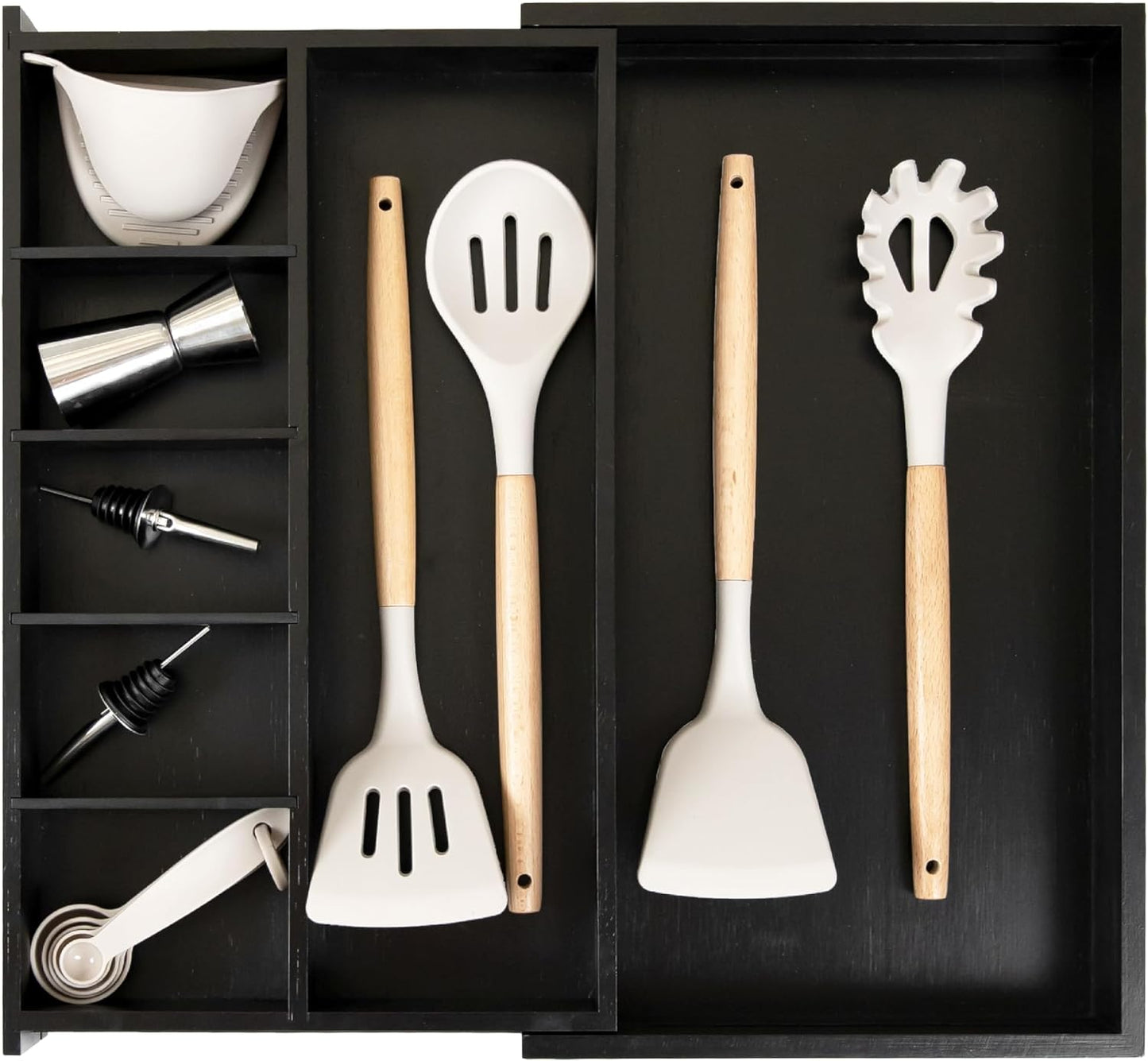 KitchenEdge Adjustable Kitchen Drawer Organizer for Utensils and Junk, Food-Safe Contract Grade with 100% Sustainable Wood, Expandable from 10.5 to 19 Inches Wide - Black Bamboo