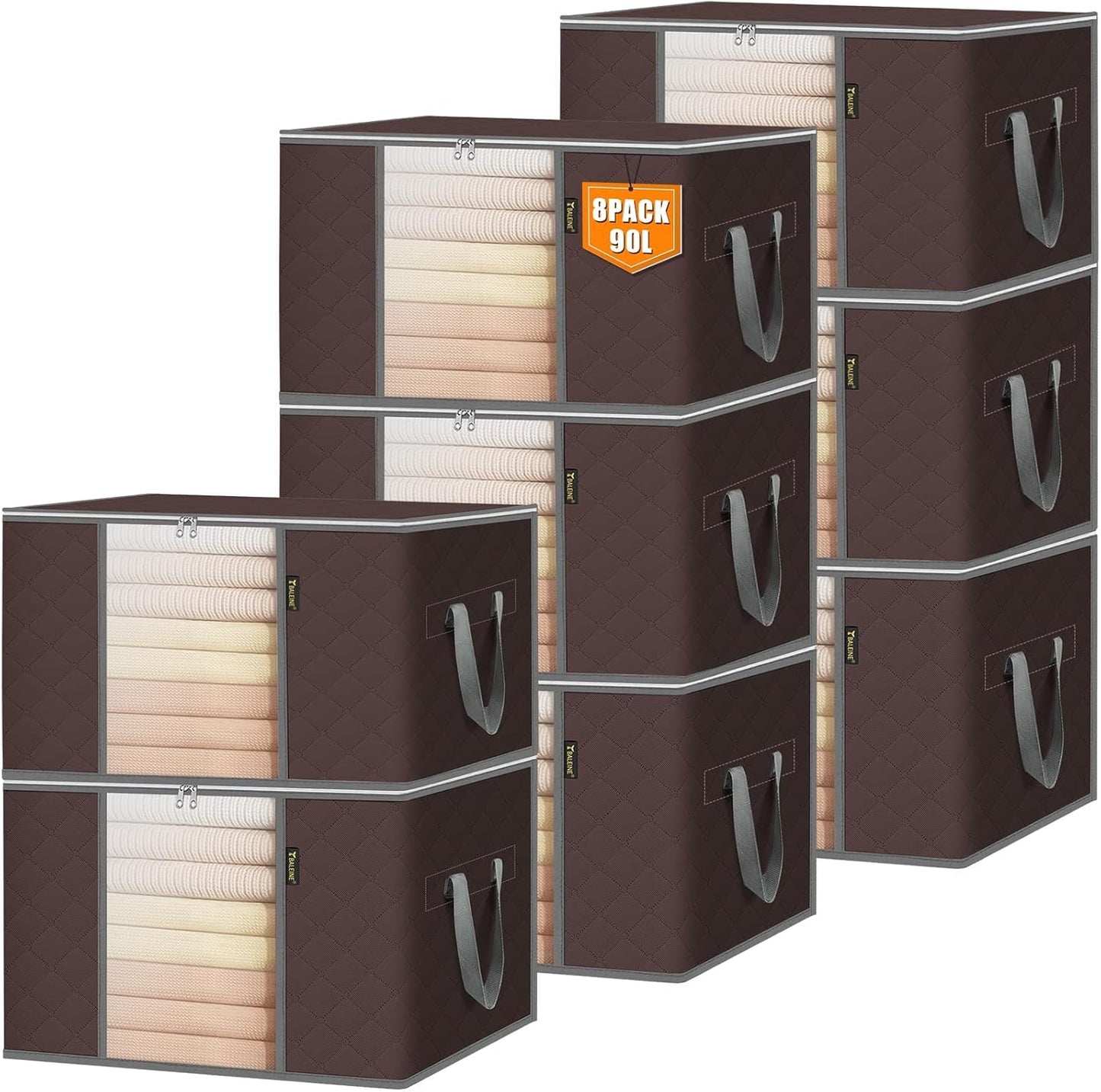 BALEINE 8 Pack Clothes Storage Bags, 24 Gallon Storage Containers with Reinforced Handle, Sturdy Zipper, Closet Organizer for Blanket, Comforter, Pillow, Bedding (Brown, 8 Pack)