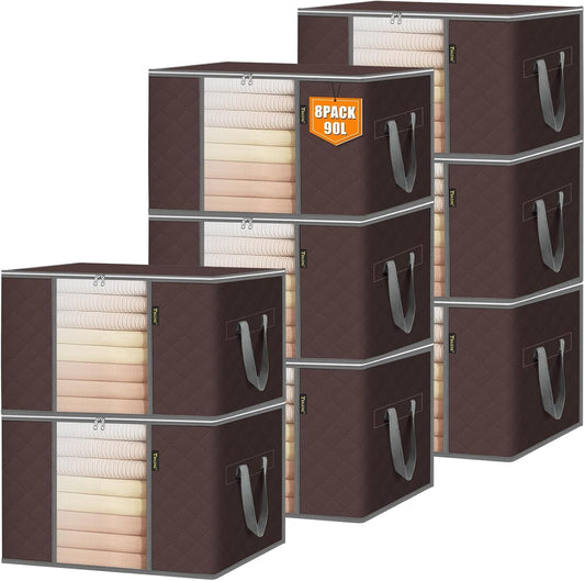 BALEINE 8 Pack Clothes Storage Bags, 24 Gallon Storage Containers with Reinforced Handle, Sturdy Zipper, Closet Organizer for Blanket, Comforter, Pillow, Bedding (Brown, 8 Pack)
