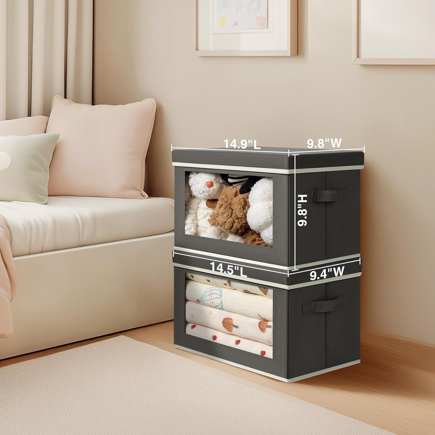 Storage Boxes with Lids - 3 Pack Fabric Clear Window Storage Bins, Collapsible Storage Bins with Lids, Linen Closet Organizer for Clothes, Towel, Blanket, Dark Grey