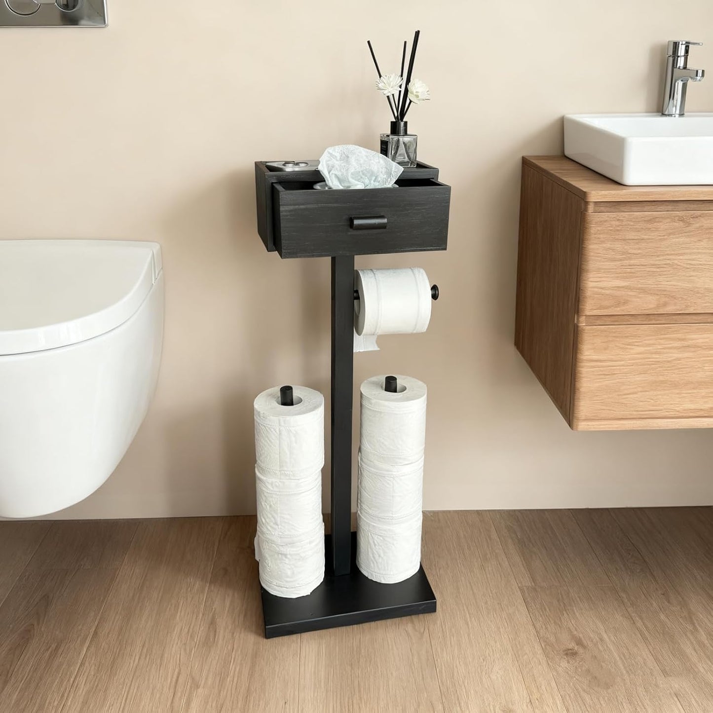 Freestanding Toilet Paper Holder Stand with Shelf, Black Wood Toilet Paper Roll Holder with Wet Wipes Storage Drawer,Bathroom(2 Rods,Stores 6 Rolls)