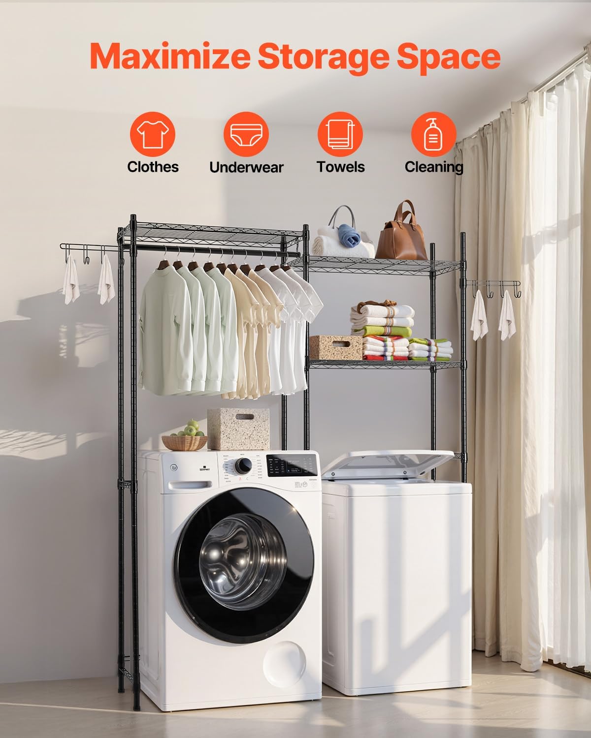 VEVOR Over The Washer and Dryer Storage Shelf, 5 Tier Laundry Room Drying Rack with Hanger Rod and Hooks, Adjustable Over Washer and Dryer Shelves, Laundry Room Shelf Storage Space Saver, Black