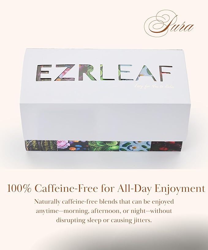 Decaf Herbal Tea Sampler – EZR Leaf 22ct Caffeine-Free Pyramid Bags, Assorted Fruit & Floral Blends with Lemon Verbena, Chamomile Mint, Dreamland, Roselle – Variety Tea Gift Set for Tea Lovers
