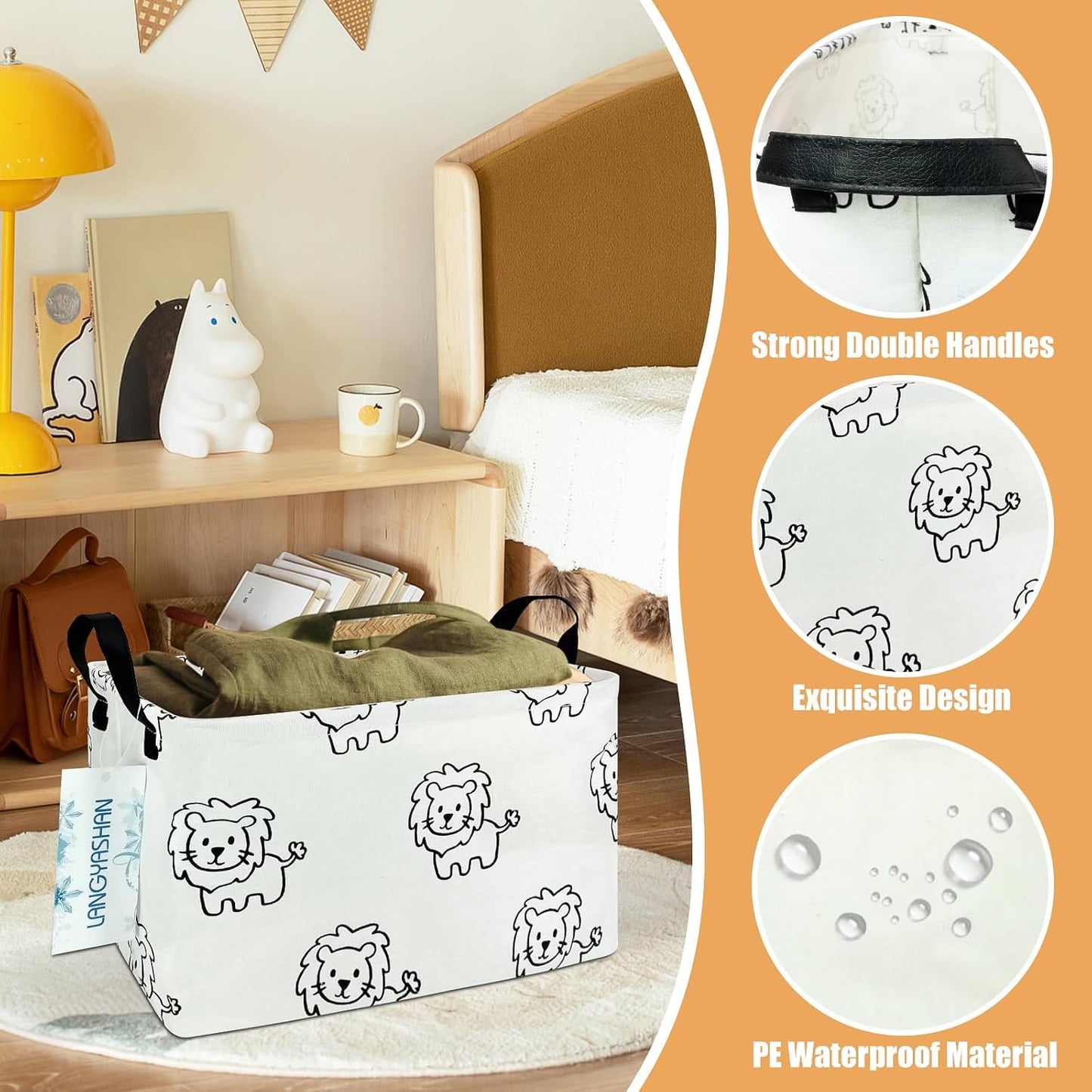 LANGYASHAN Rectangular Storage Bin Collapse Canvas Fabric Cartoon Storage Basket with Handles for Organizing Home Kitchen Boys and Girls Toys Office Closet Shelf Baskets (Rec lion)