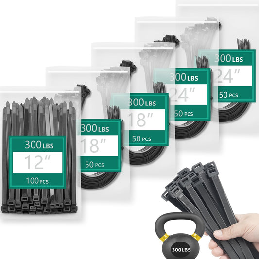 Zip Ties Assorted Sizes 300 Pack,12+14+18 Inch, 300LBS Tensile Strength Heavy Duty Self-locking Nylon Black Cable ties for Indoor Outdoor