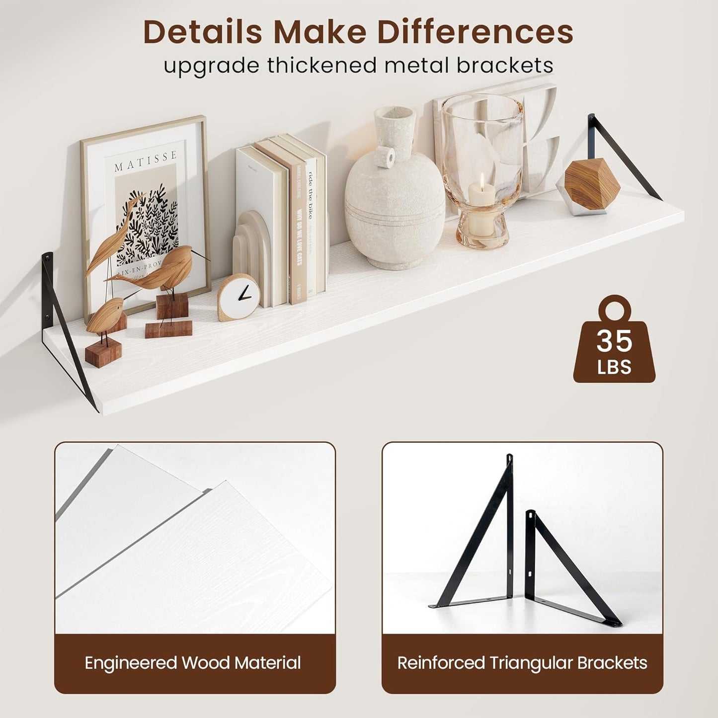 Axeman White Floating Shelves for Wall - 48 Inch Wide x 10 Inch Deep Floating Shelves Set of 2 -White Wide Wall Shelves for Living Room Bathroom Bedroom